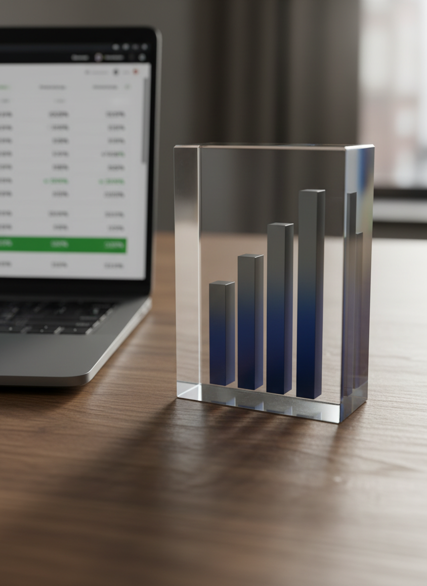 A close-up of a polished wooden desktop with a transparent acrylic block showing a sharply rising 3D bar chart embedded inside, each bar rendered in deep blues and cool grays with precise edges and glass-like reflections. Next to it sits a slim graphite-colored laptop, its screen slightly out of focus but hinting at company earnings figures and percentage changes. Soft, directional daylight from the right creates gentle highlights on the acrylic edges and subtle shadows on the wood grain. Photographic realism with a shallow depth of field isolates the analytics block as the central subject, conveying clarity, precision, and professional insight into corporate performance and quarterly results.