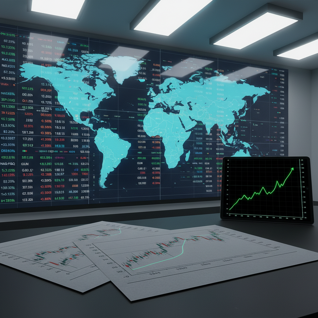 A large, ultra-thin digital world map wall display in a modern newsroom-style environment, each region glowing in subtle blues and teals with data overlays of stock indices, currency pairs, and commodity prices. In the foreground, a dark matte desk surface holds neatly arranged printouts of market graphs and a tablet showing a line chart in sharp upward motion. Overhead LED panels provide bright, neutral-white studio lighting, producing clean reflections on the screen and crisp detail on the paper textures. Shot from a slightly elevated angle in photographic realism, the composition uses the rule of thirds to balance the illuminated map and analytical documents, creating a dynamic yet orderly mood that conveys timely, data-driven global business reporting.